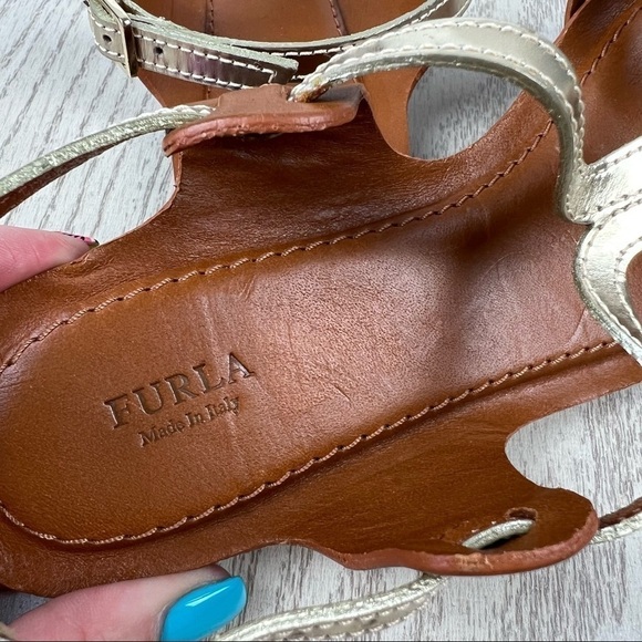 Furla Carmen Leather Vitello Sparkling Sandals 36 Gold & Cognac $365 Italy - Picture 7 of 10